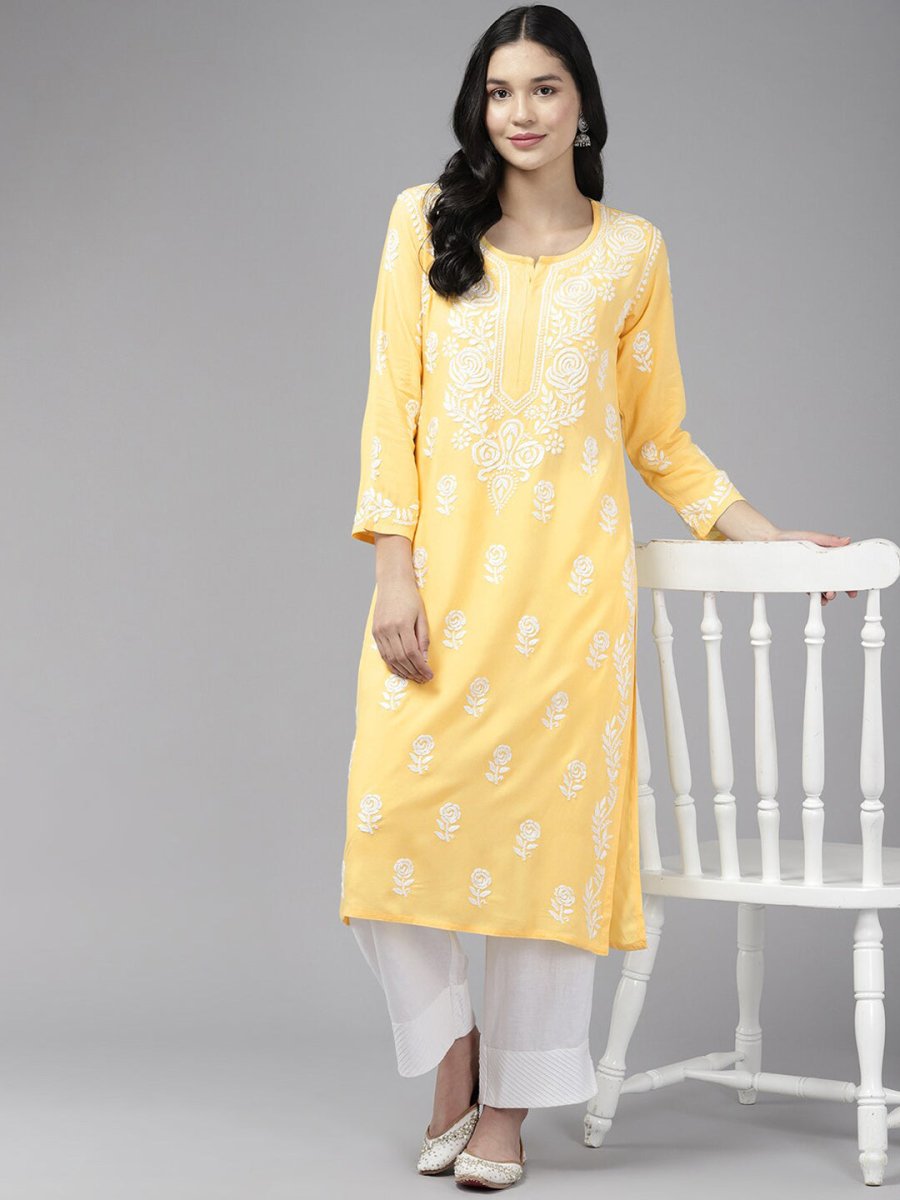 ADA Floral Embroidered Lucknowi Chikankari Cotton Silk Straight Kurta