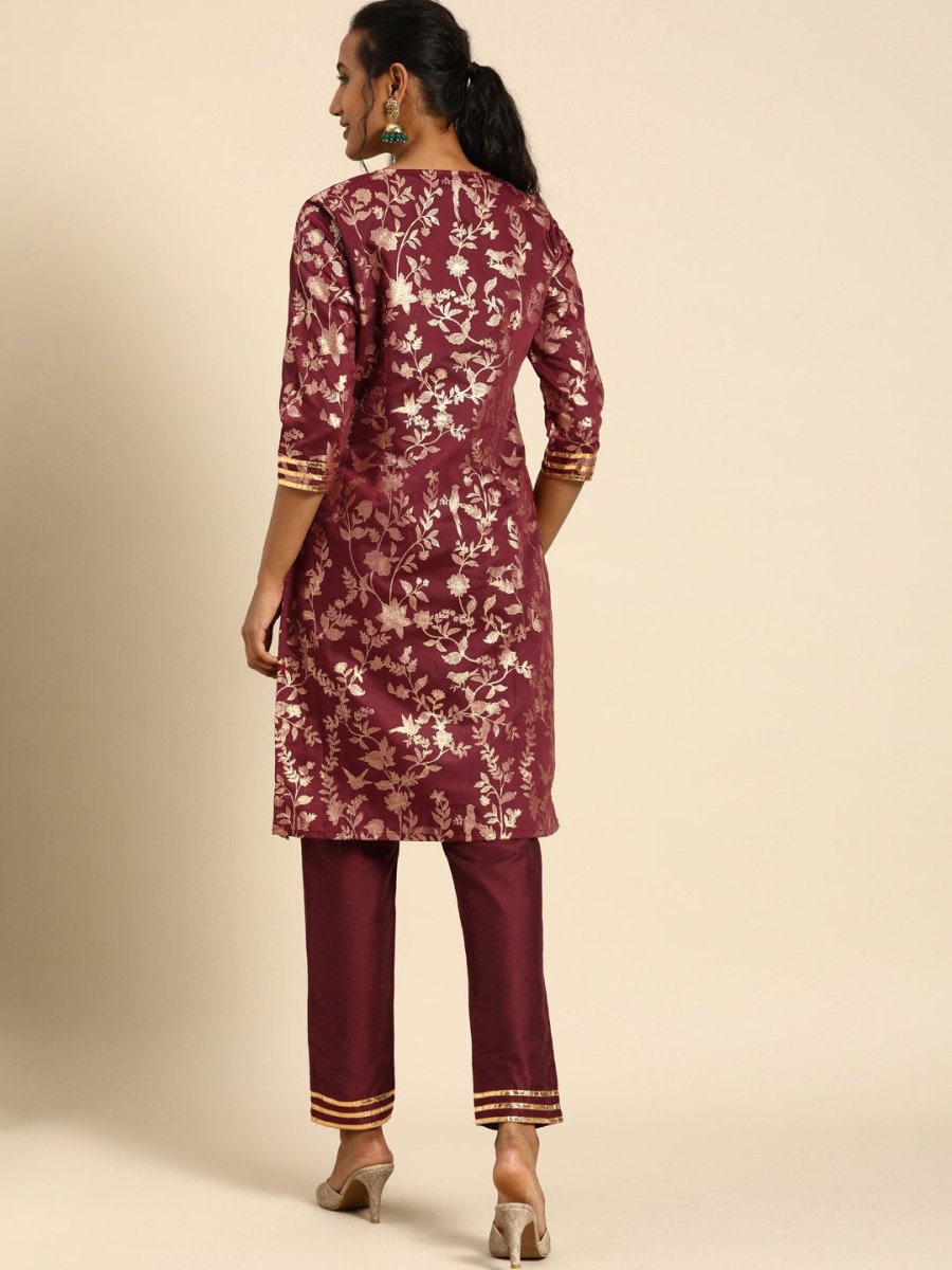 All About You Women Purple & Gold-Toned Ethnic Motifs Printed Regular Kurta with Trousers