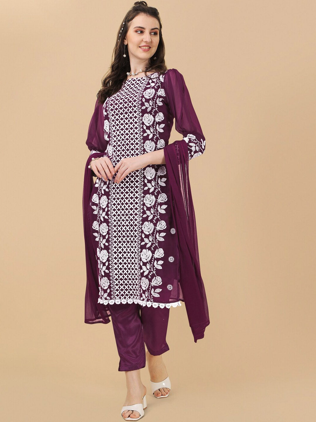 HERE&NOW Floral Embroidered Chikankari Kurta with Trousers & Dupatta