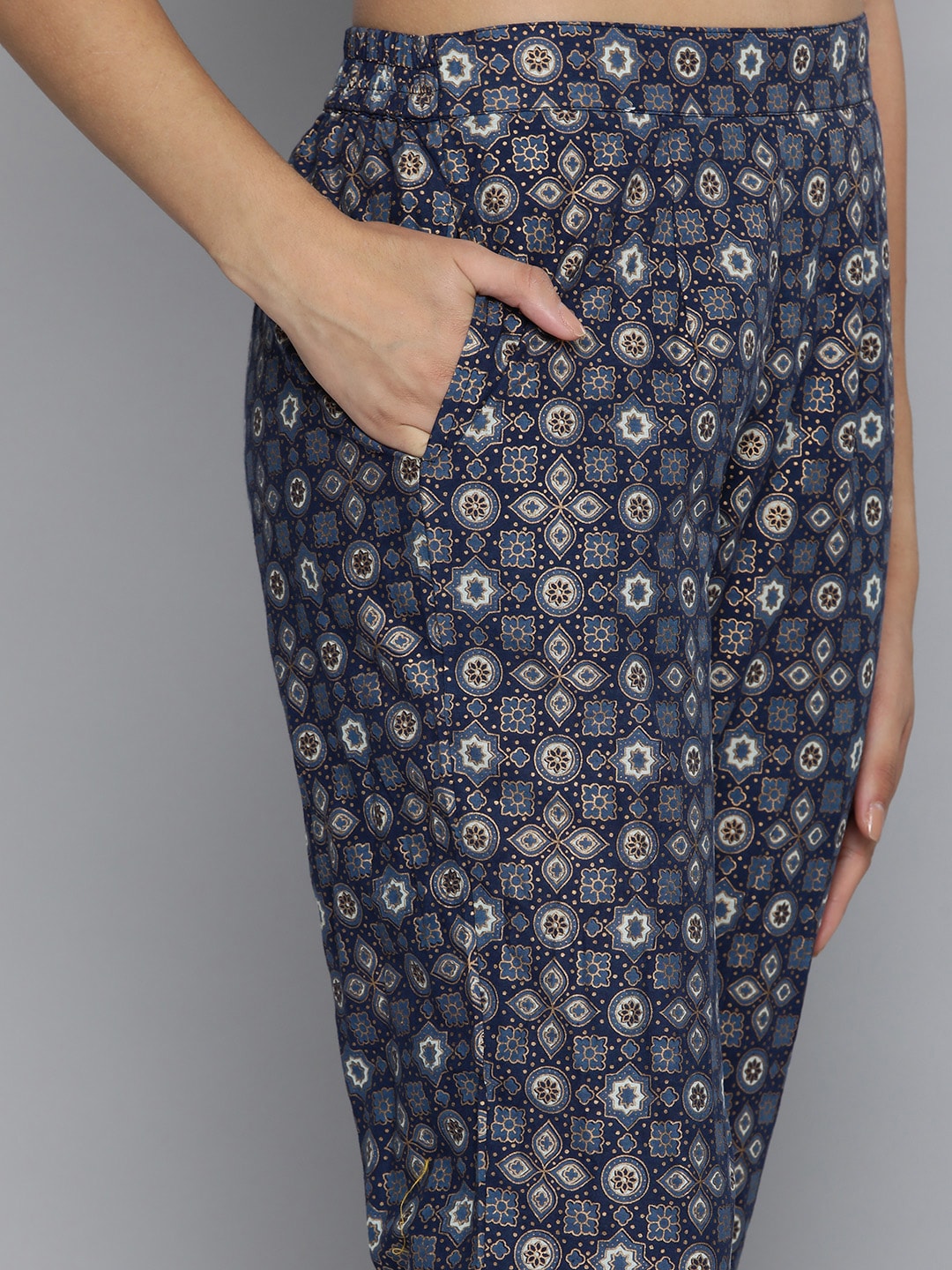 HERE&NOW Women Navy Blue Ethnic Motifs Printed Pure Cotton Kurta with Trousers & With Dupatta