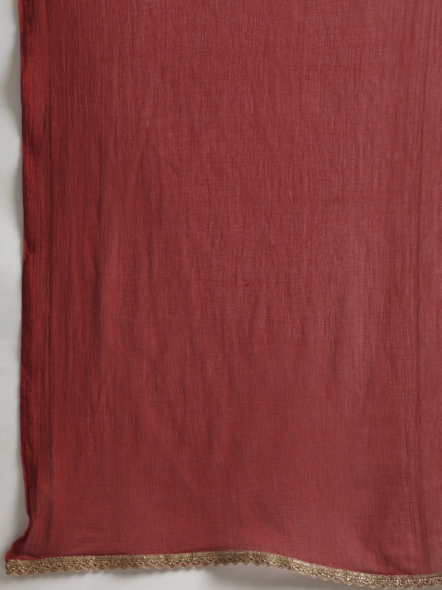 All About You Women Maroon & Golden Satin Finish Kurta with Trousers & With Dupatta