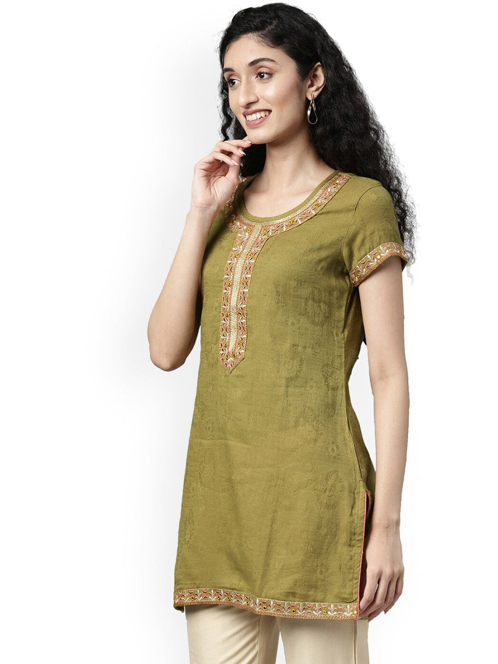 Souchii Olive Green Woven Design Kurta