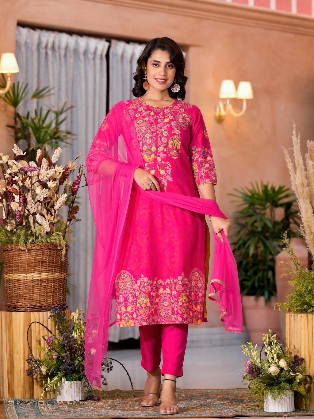 Juniper Women's Pink Thread Embroidered Liva Rayon Kurta Pant And Dupatta Set With Sequins Beads & Lace
