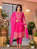 Juniper Women's Pink Thread Embroidered Liva Rayon Kurta Pant And Dupatta Set With Sequins Beads & Lace