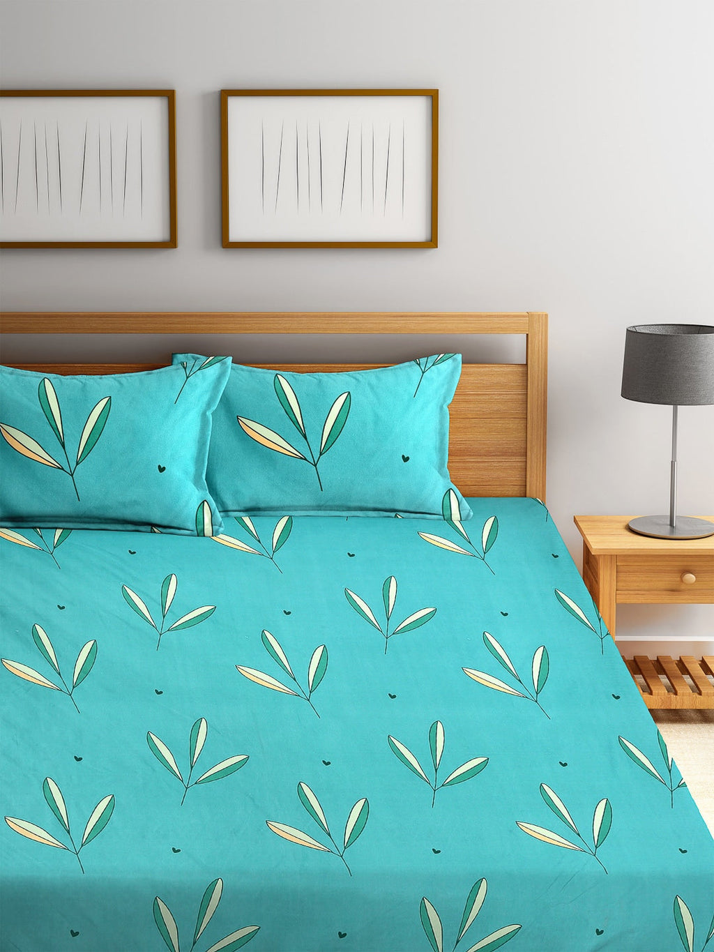 Home Sizzler Turquoise Blue & White Floral 144 TC Polyester 1 Queen Bedsheet with 2 Pillow Covers