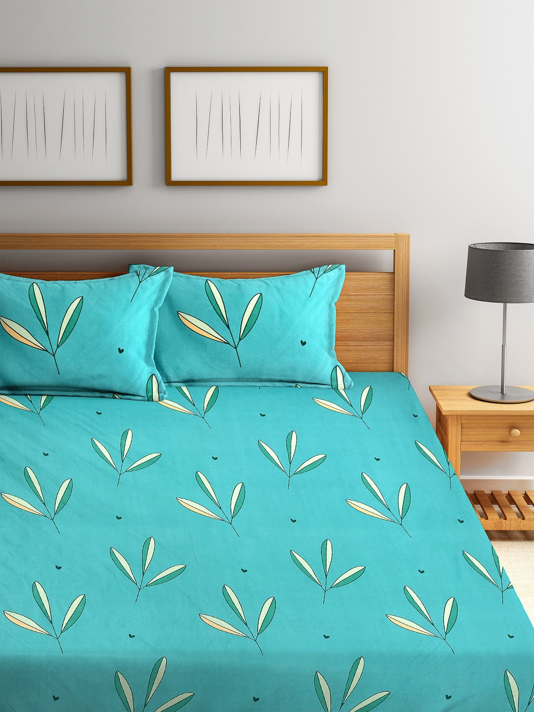Home Sizzler Turquoise Blue & White Floral 144 TC Polyester 1 Queen Bedsheet with 2 Pillow Covers