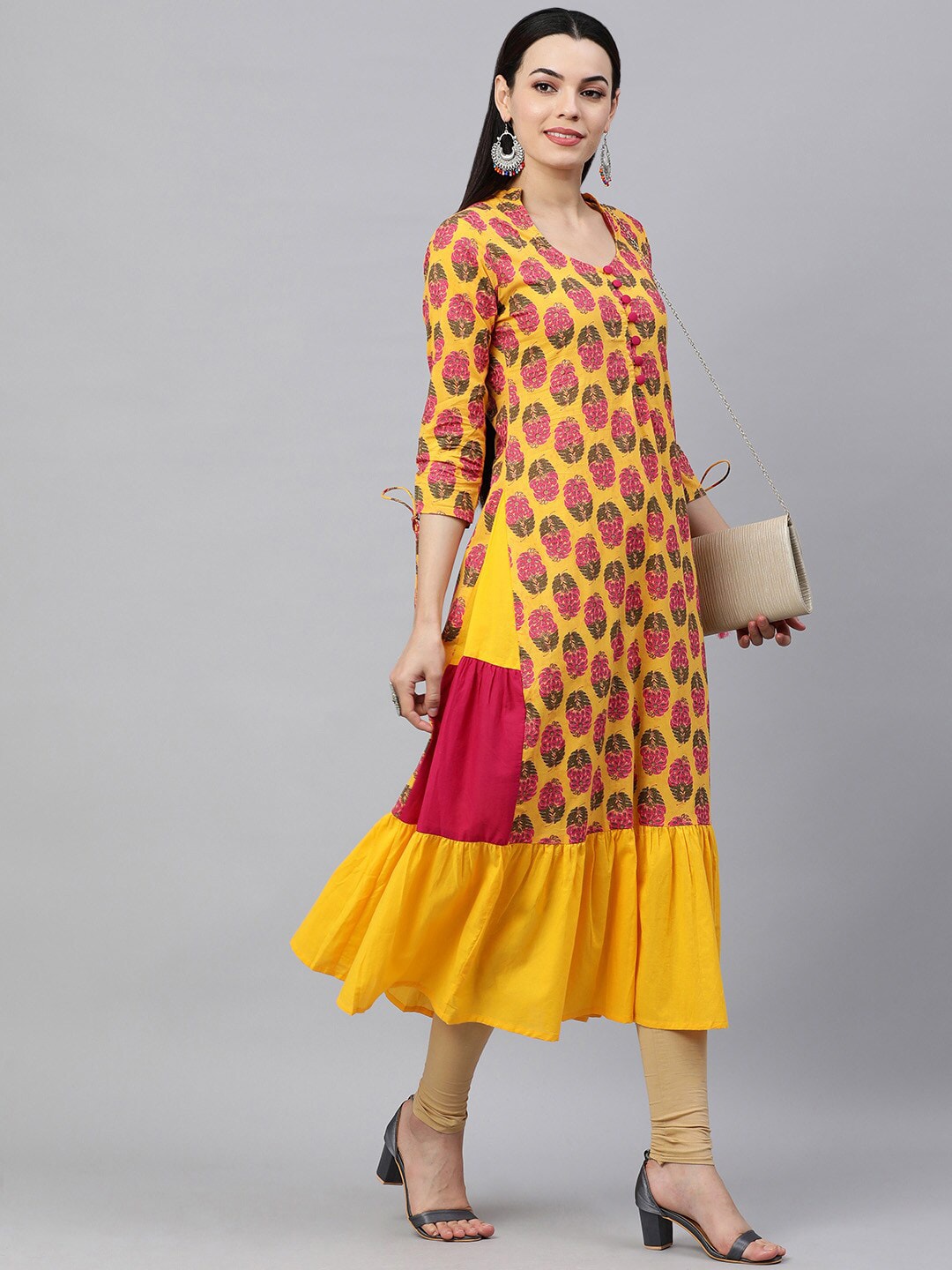 HERE&NOW Women Yellow & Pink Ethnic Motifs Pure Cotton Printed Kurta