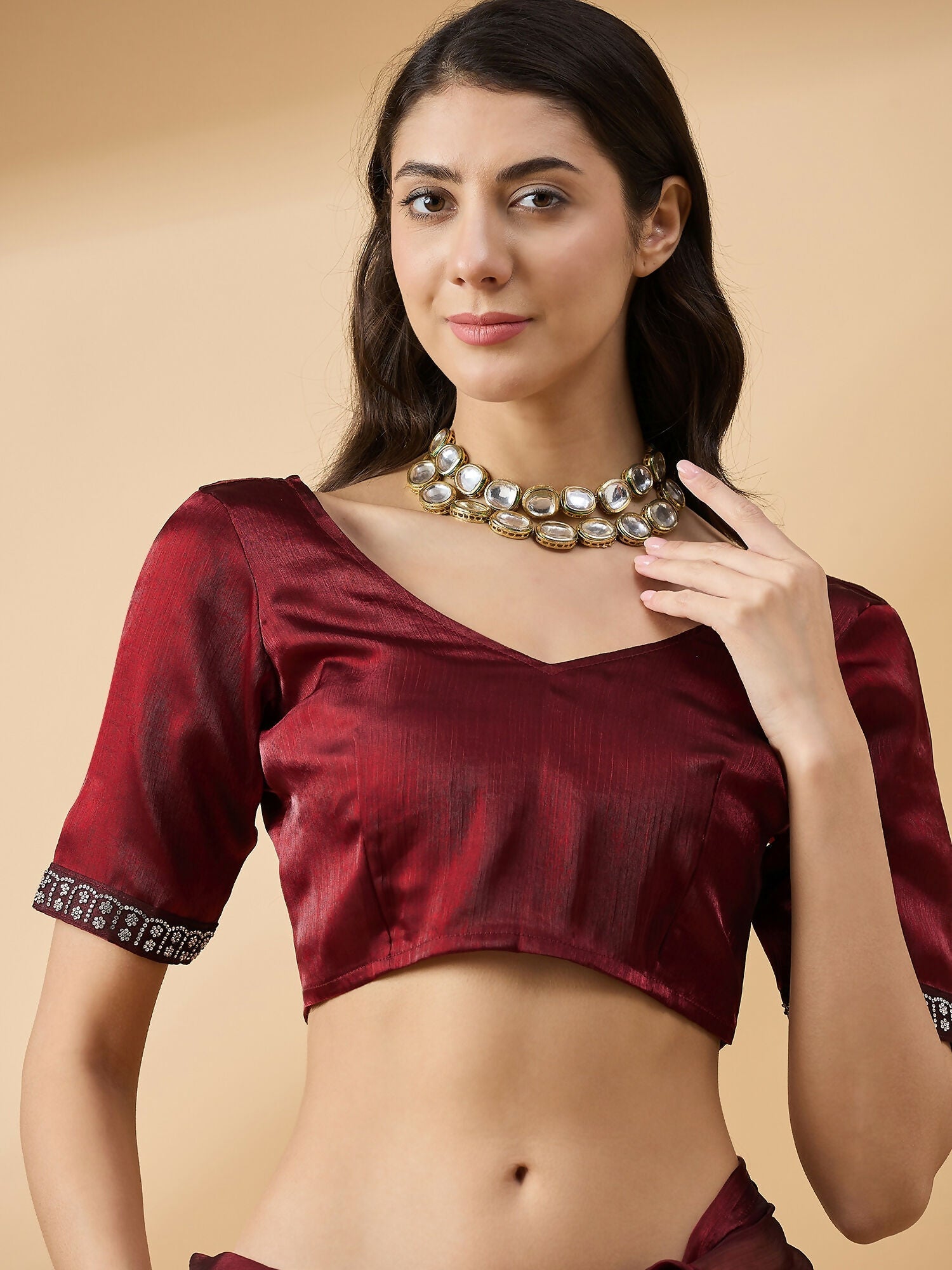 Brown Organza Swaroski Diamond Work Saree with Unstitched Blouse - Radha