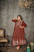 Jyoti Fashion Women's Maroon Net Embroidered Anarkali Kurta Pant Set With Dupatta