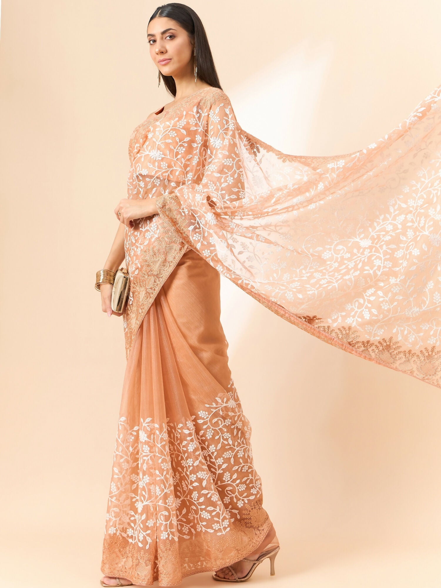 Peach Organza Floral Embroidered Saree with Unstitched Blouse Piece - Roozal