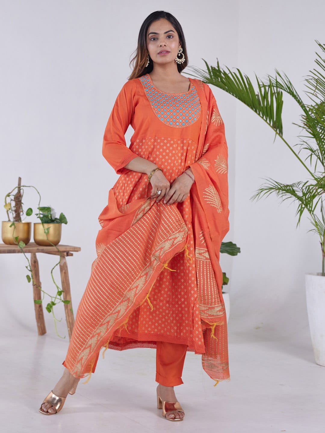 HERE&NOW Ethnic Motifs Embroidered Mirror Work Anarkali Kurta with Trousers & Dupatta