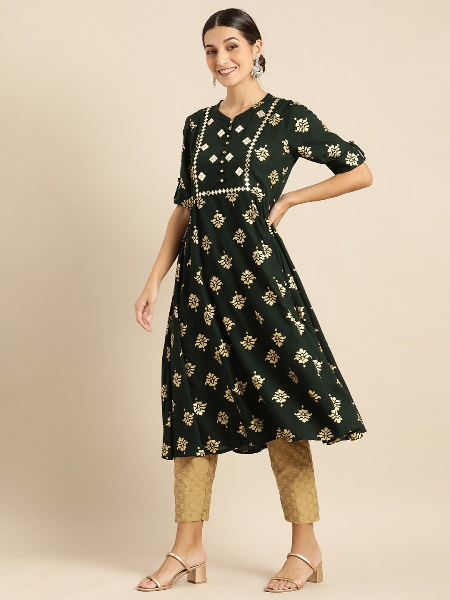 All About You Women Teal Green & Gold-Toned Ethnic Motifs Printed Mirror Work Kurta