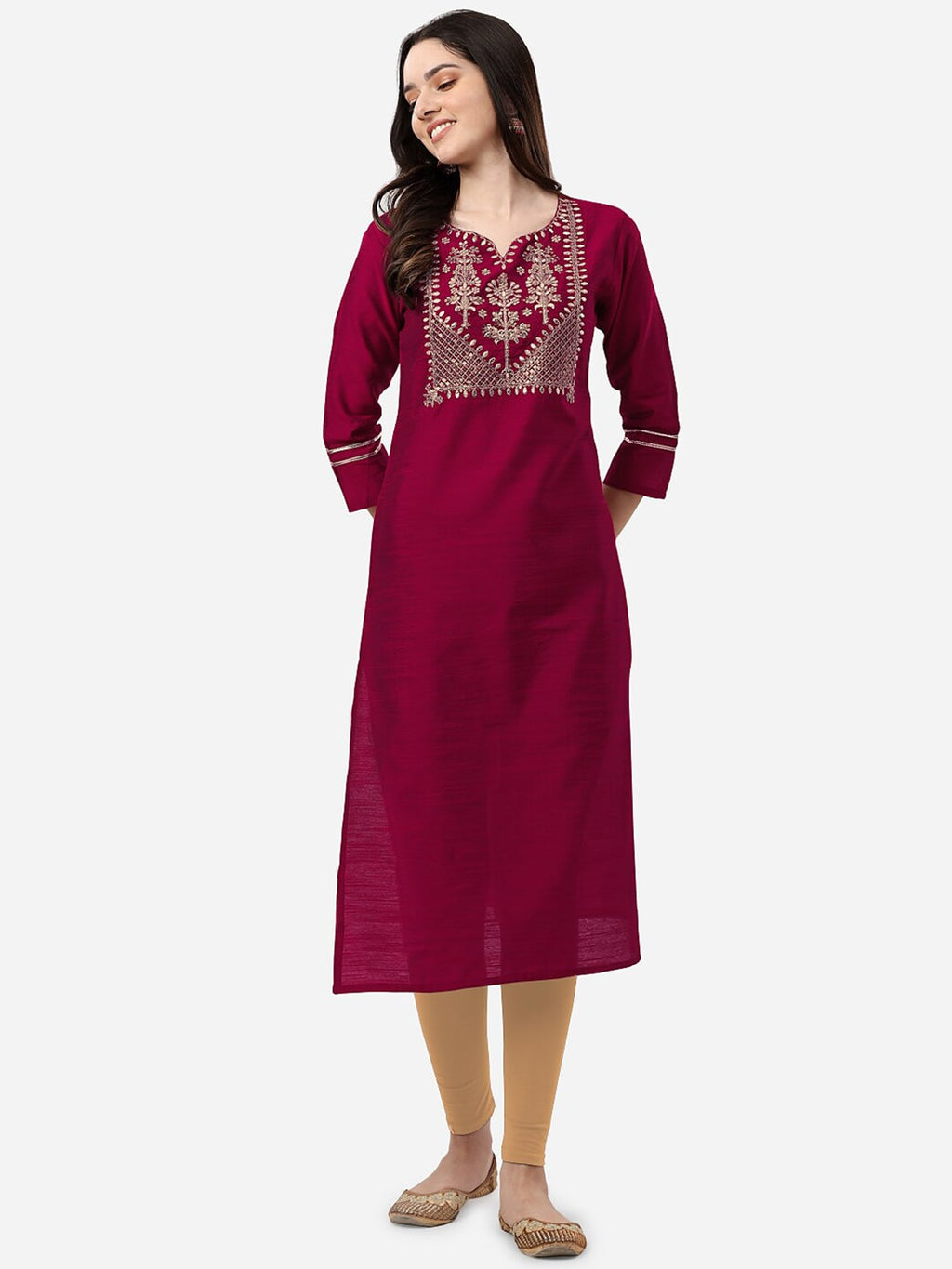 HERE&NOW Women Magenta & Golden Floral Embroidered Kurta
