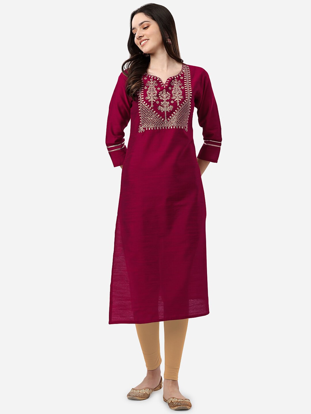 HERE&NOW Women Magenta & Golden Floral Embroidered Kurta