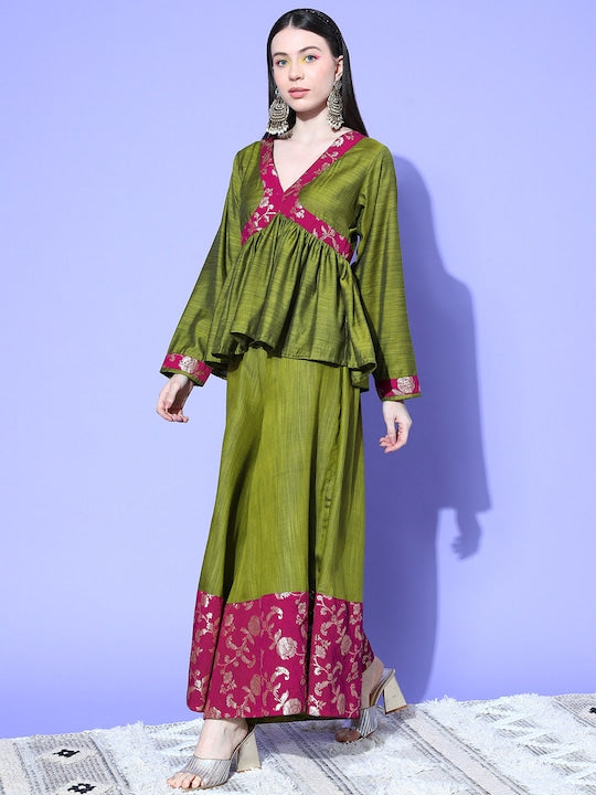 InWeave Women's Olive Wine Brocade Mughal Shaan Kurta Palazzo Set