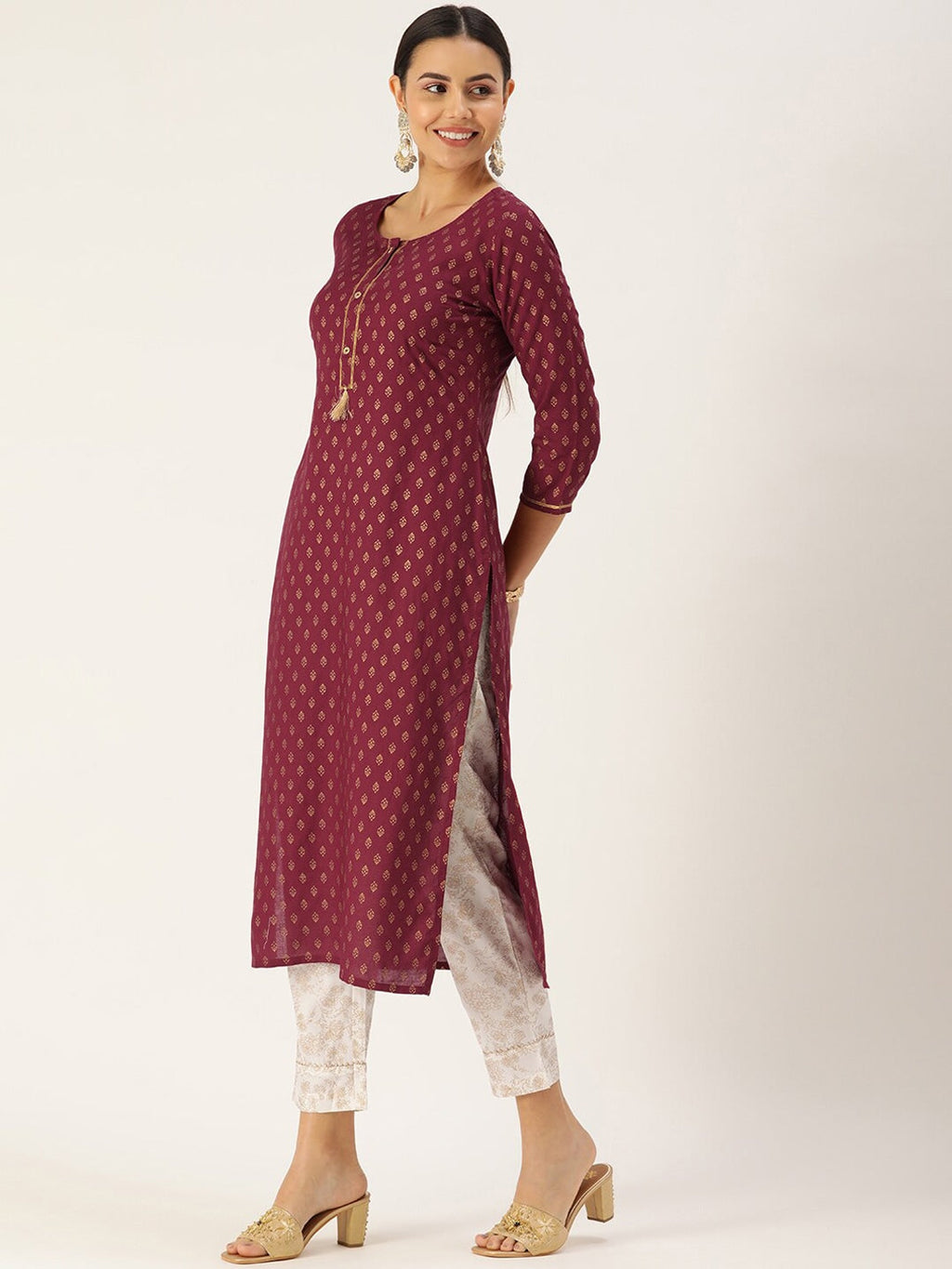 HERE&NOW Women Maroon Ethnic Printed Kurta with Trousers & With Dupatta