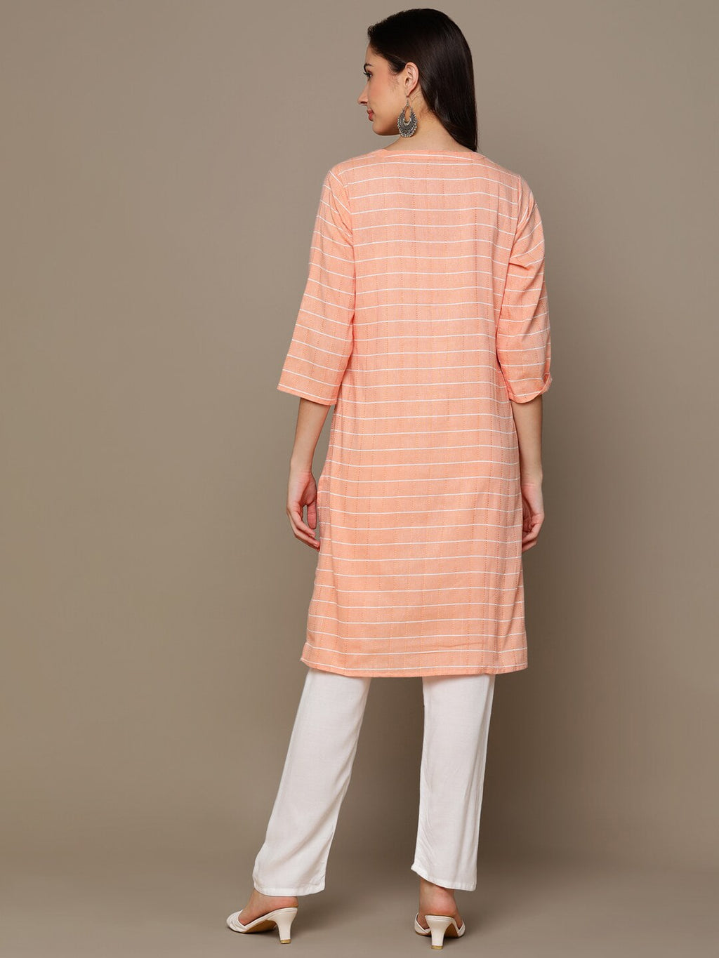 HERE&NOW Orange & White Checked Straight Kurta