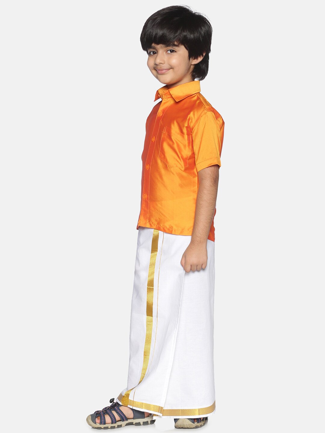 Sethukrishna Boys Orange & White Solid Shirt and Veshti Set