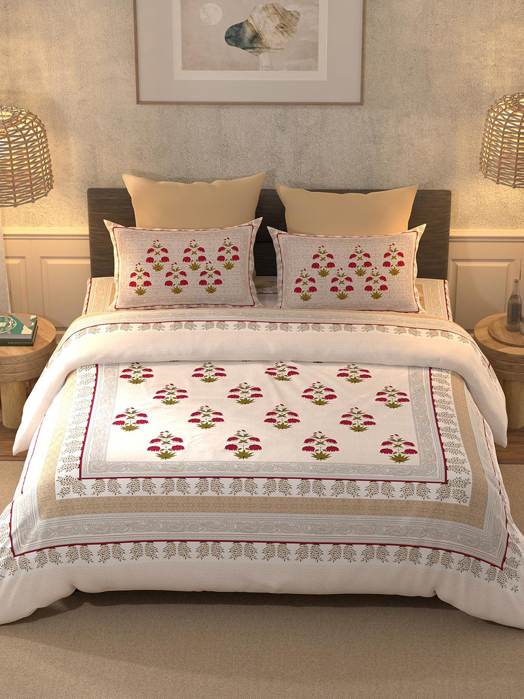 BELLA CASA Pink & Green Ethnic Motifs 350 TC Super King Bedsheet with 2 Pillow Covers