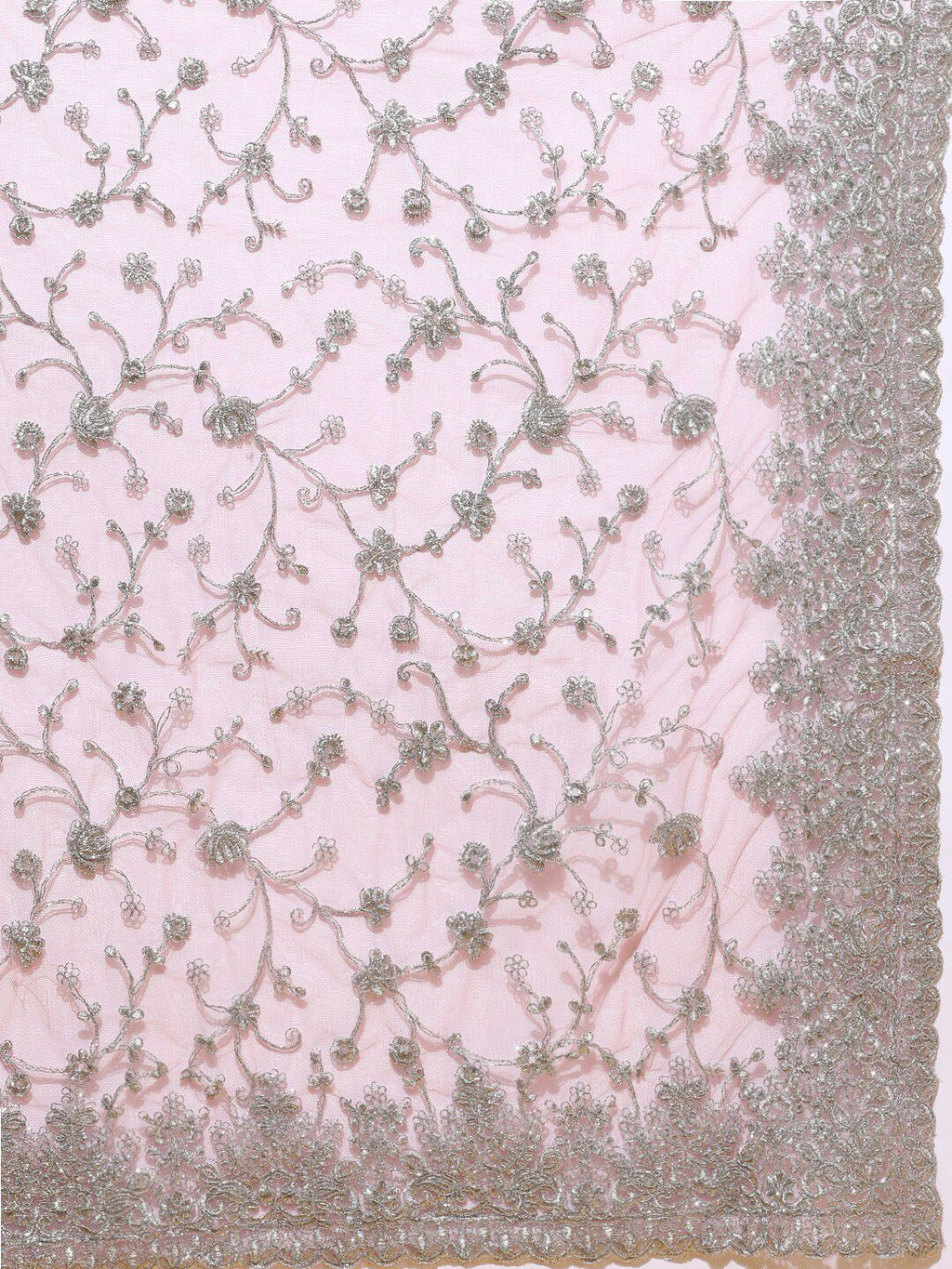 kasee Pink & Silver-Toned Floral Embroidered Net Heavy Work Saree