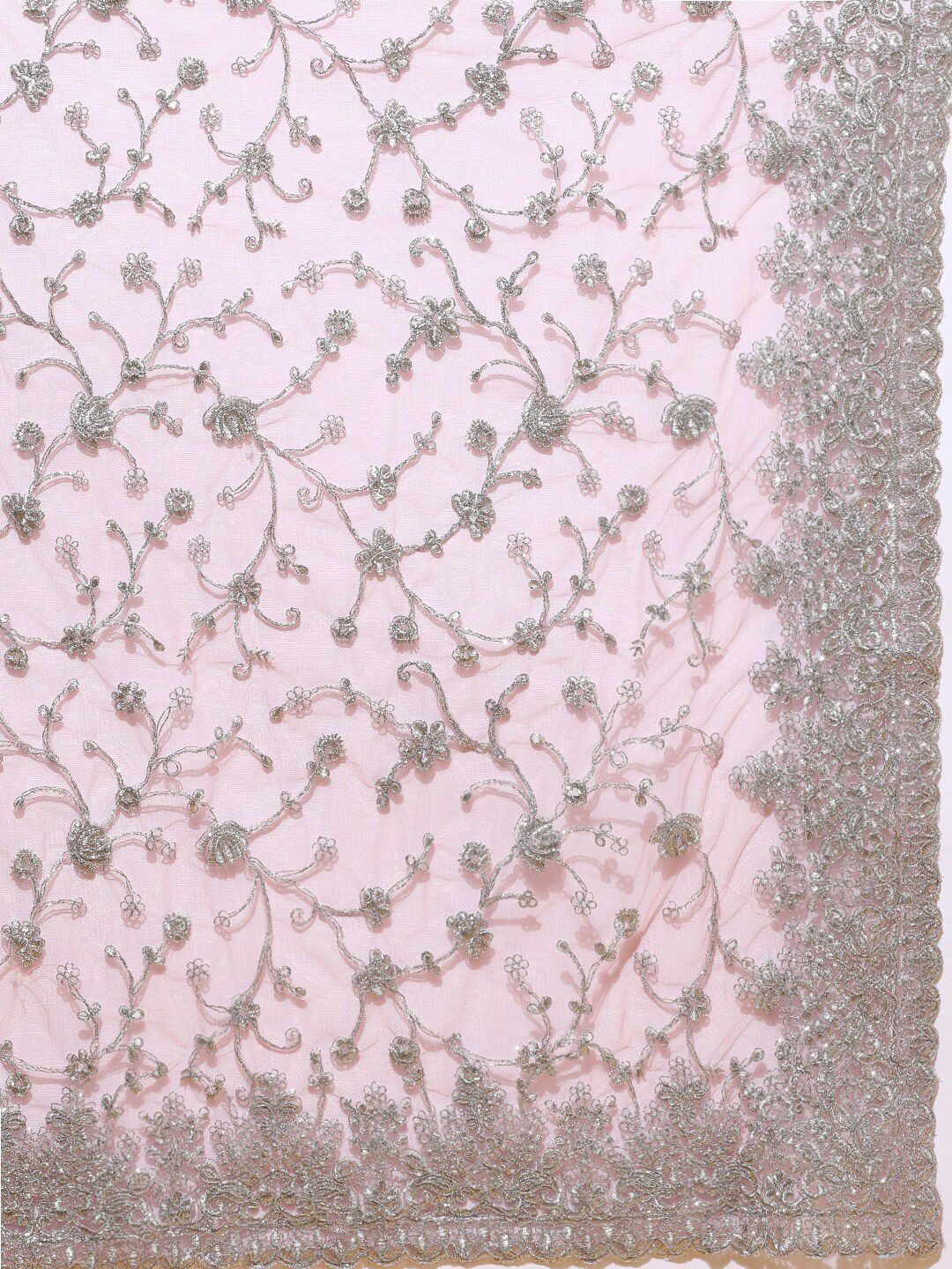 kasee Pink & Silver-Toned Floral Embroidered Net Heavy Work Saree