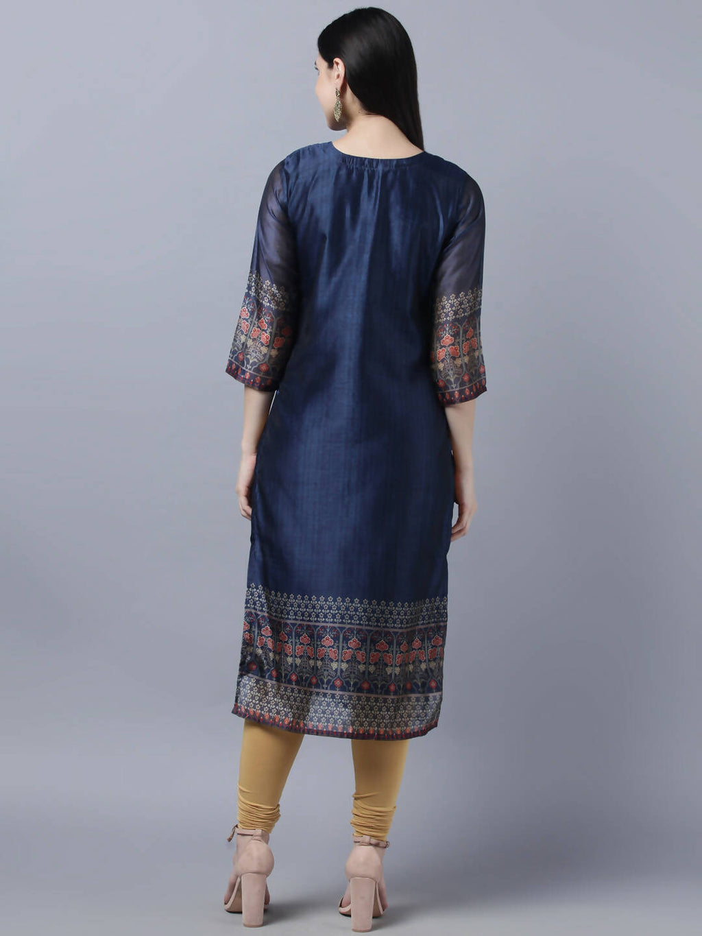 Myshka Women Navy Blue Ethnic Motifs Printed Keyhole Neck Chanderi Silk Kurta