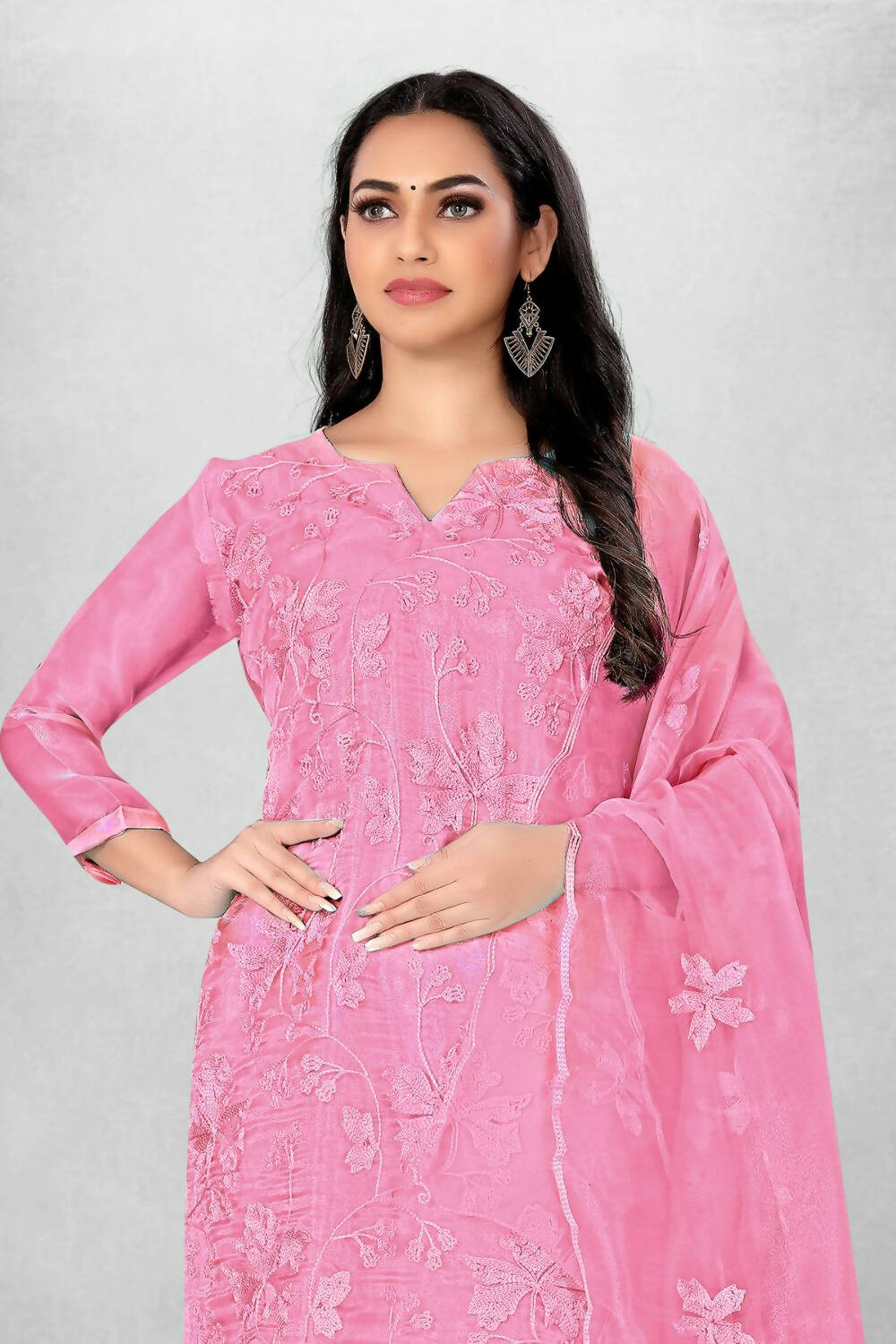 Pink Heavy Organza Silk Embroidered Unstitched Dress Material - Amara