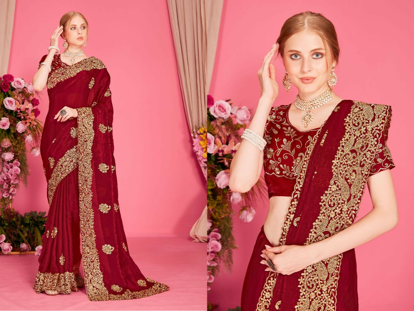 PR Fashion Maroon Fendi Two Tone Silk Heavy Zari Embroidery Work With Heavy Zircon Work Saree
