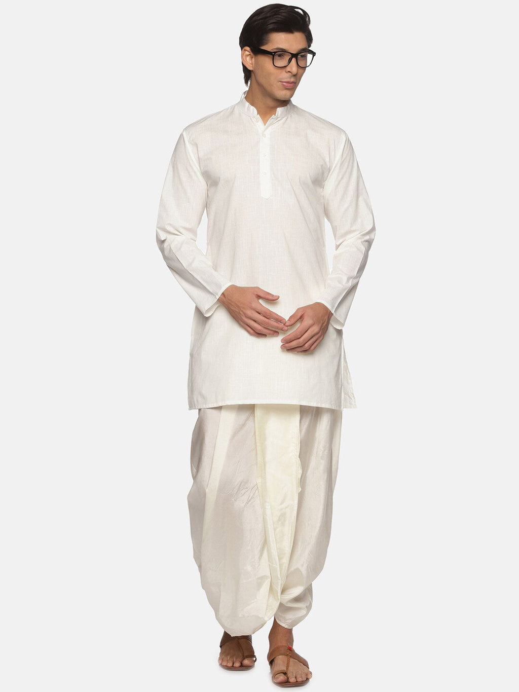 Sethukrishna Men Cream-Coloured Striped Pure Cotton Kurta with Dhoti Pants