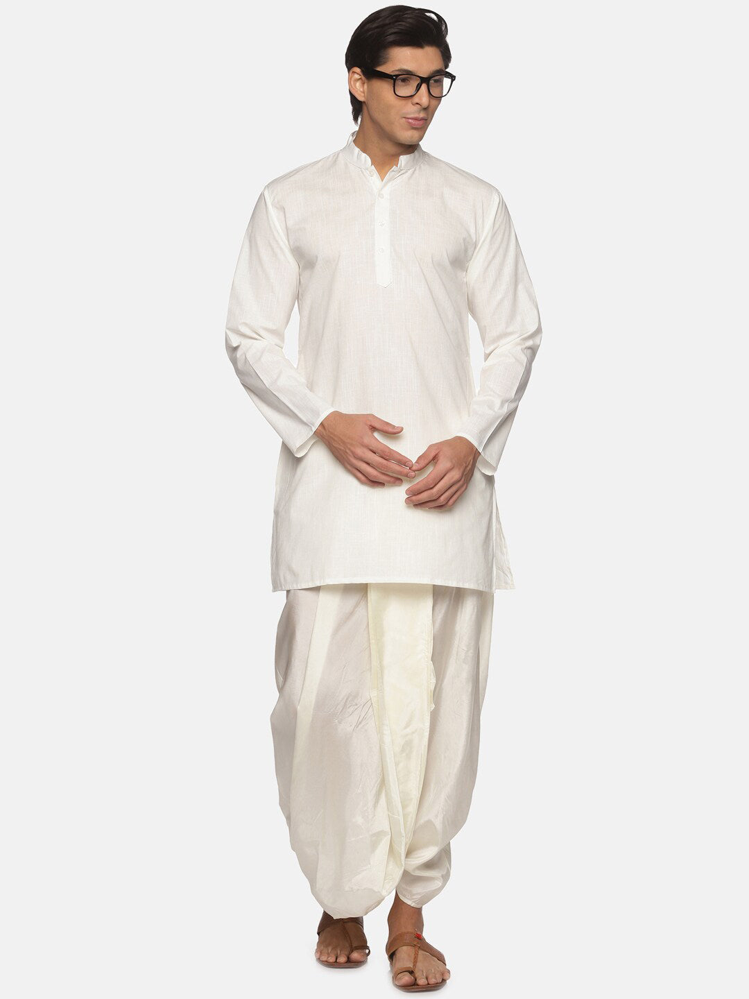 Sethukrishna Men Cream-Coloured Striped Pure Cotton Kurta with Dhoti Pants