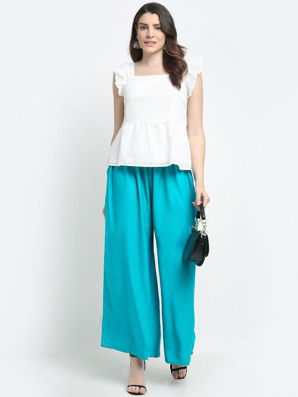 TAG 7 Women Pack Of 2 Cream-Coloured & Turquoise Blue Flared Ethnic Palazzos