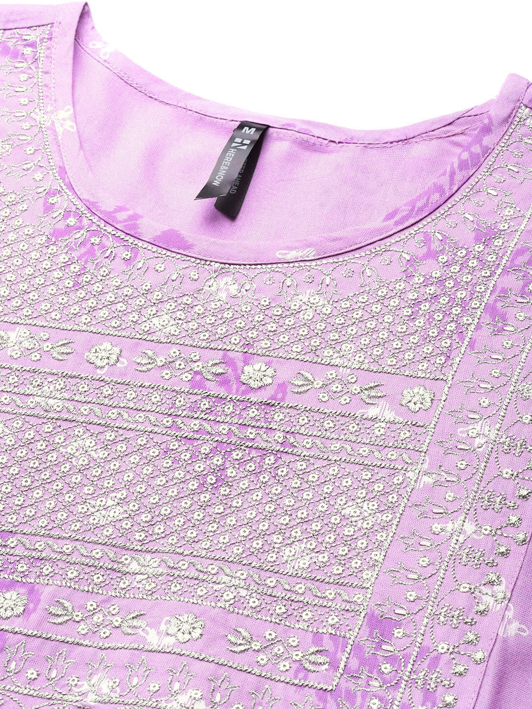 HERE&NOW Women Purple & White Ethnic Motifs Printed Embroidered Work Kurta