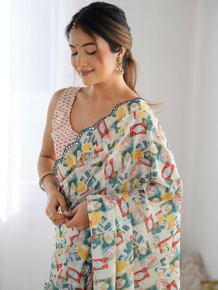 PR Fashion White Multi Georgette Digital Print With Mirror Work Saree