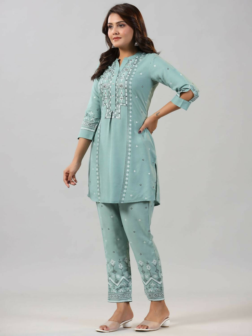 Juniper Women Sage Green Rayon Staple printed Kurta and Pants Set