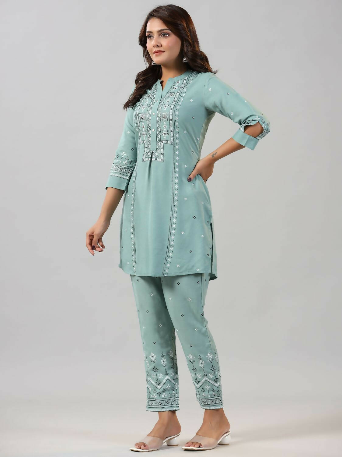 Juniper Women Sage Green Rayon Staple printed Kurta and Pants Set