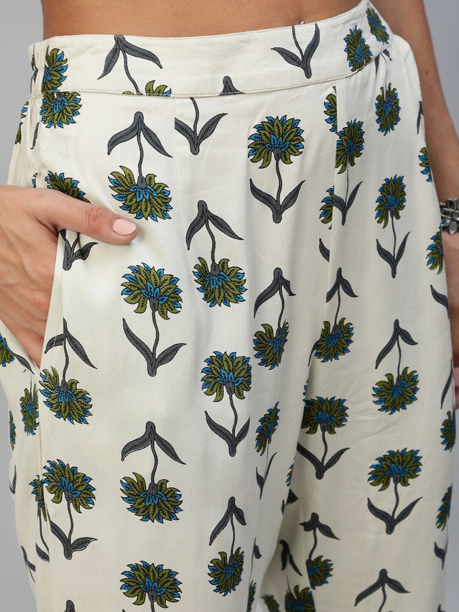 Aks Floral Printed Band Collar Regular Kurta with Trousers