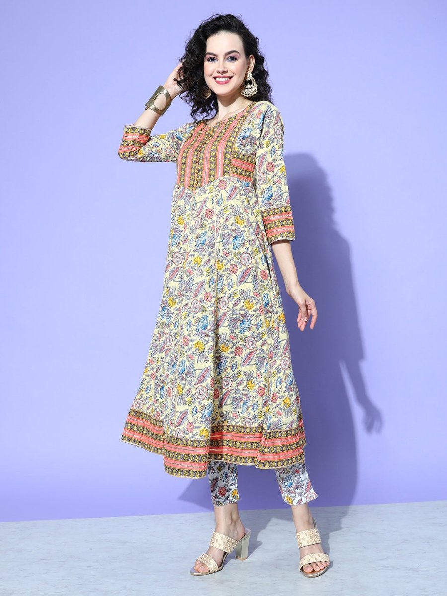 All About You Women Cream-Coloured Floral Printed Regular Gotta Patti Pure Cotton Kurta with Trousers & With