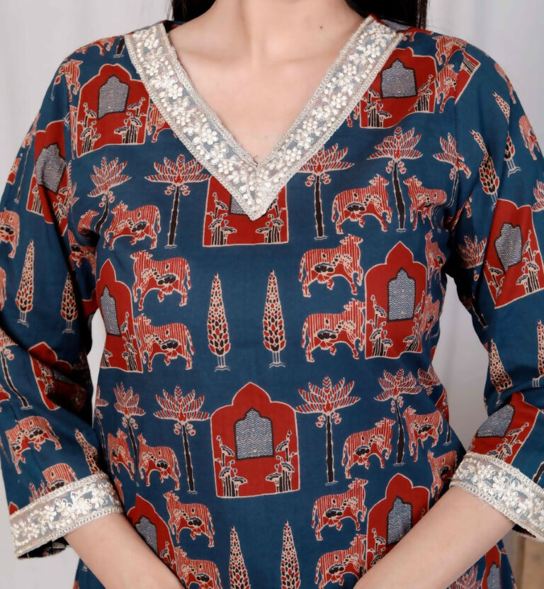 Miravan Women's Blue Pure Cotton Animal Printed Zari Lace Work Anarkali Kurta And Palazzo Set