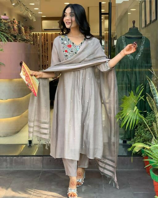 The52 Grey Women's Gorgeous Chinon Viscose Fabric Embroidered Work Straight Kurta Pant and Dupatta Set