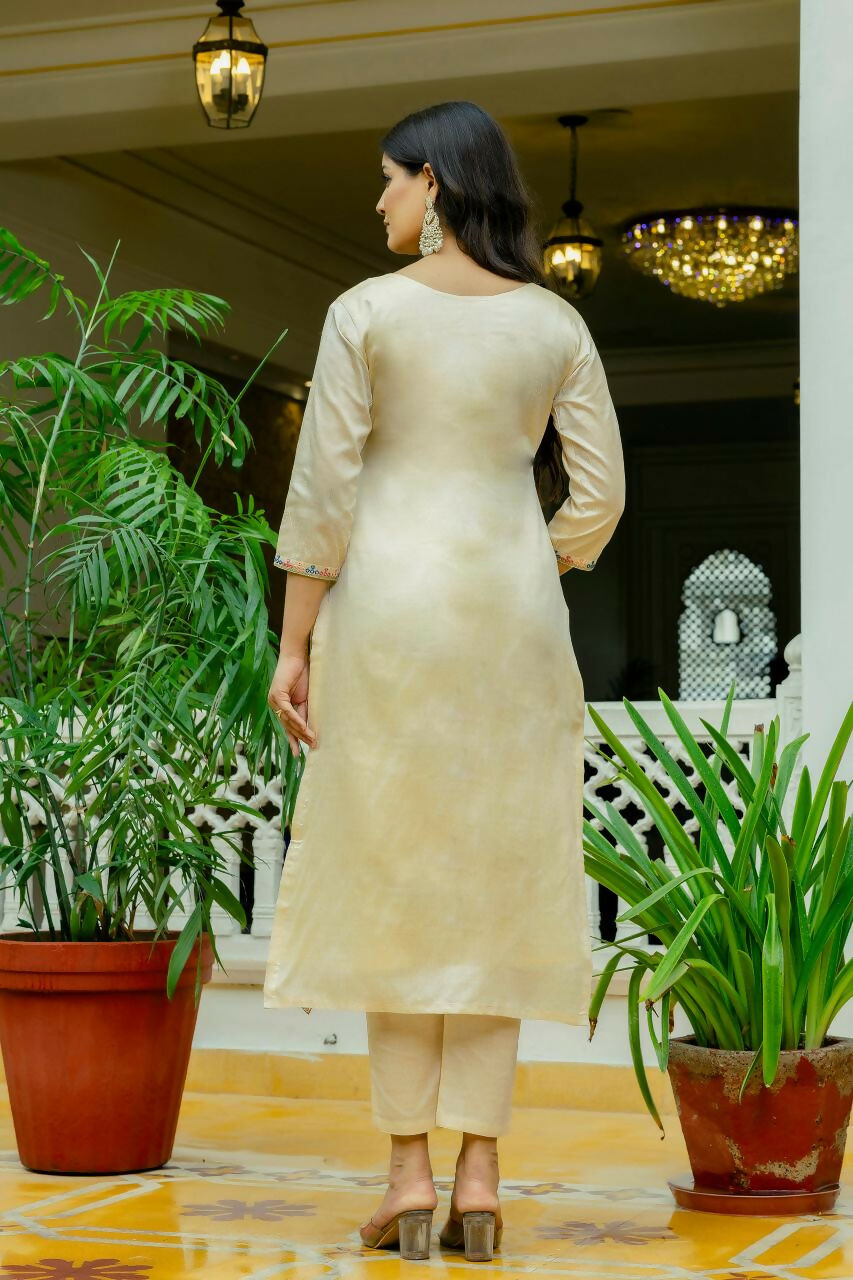 The52 Chiku Women's Beautiful Thread Work Viscose Assam Silk Fabric with Straight Kurta, Pant and Dupatta Set