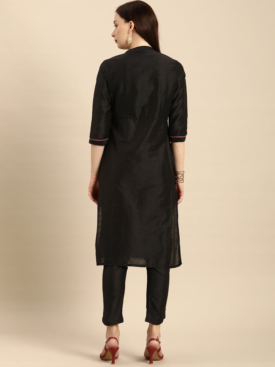 All About You Women Black Embroidered Kurta with Trousers