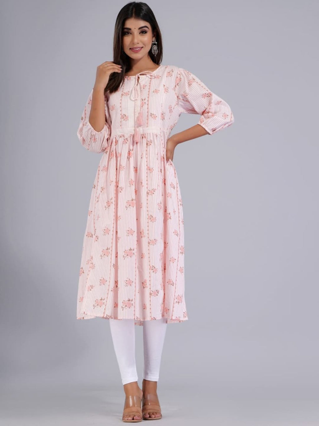 HERE&NOW Peach & White Floral Printed Tie-Up Neck Cotton A-Line Kurta