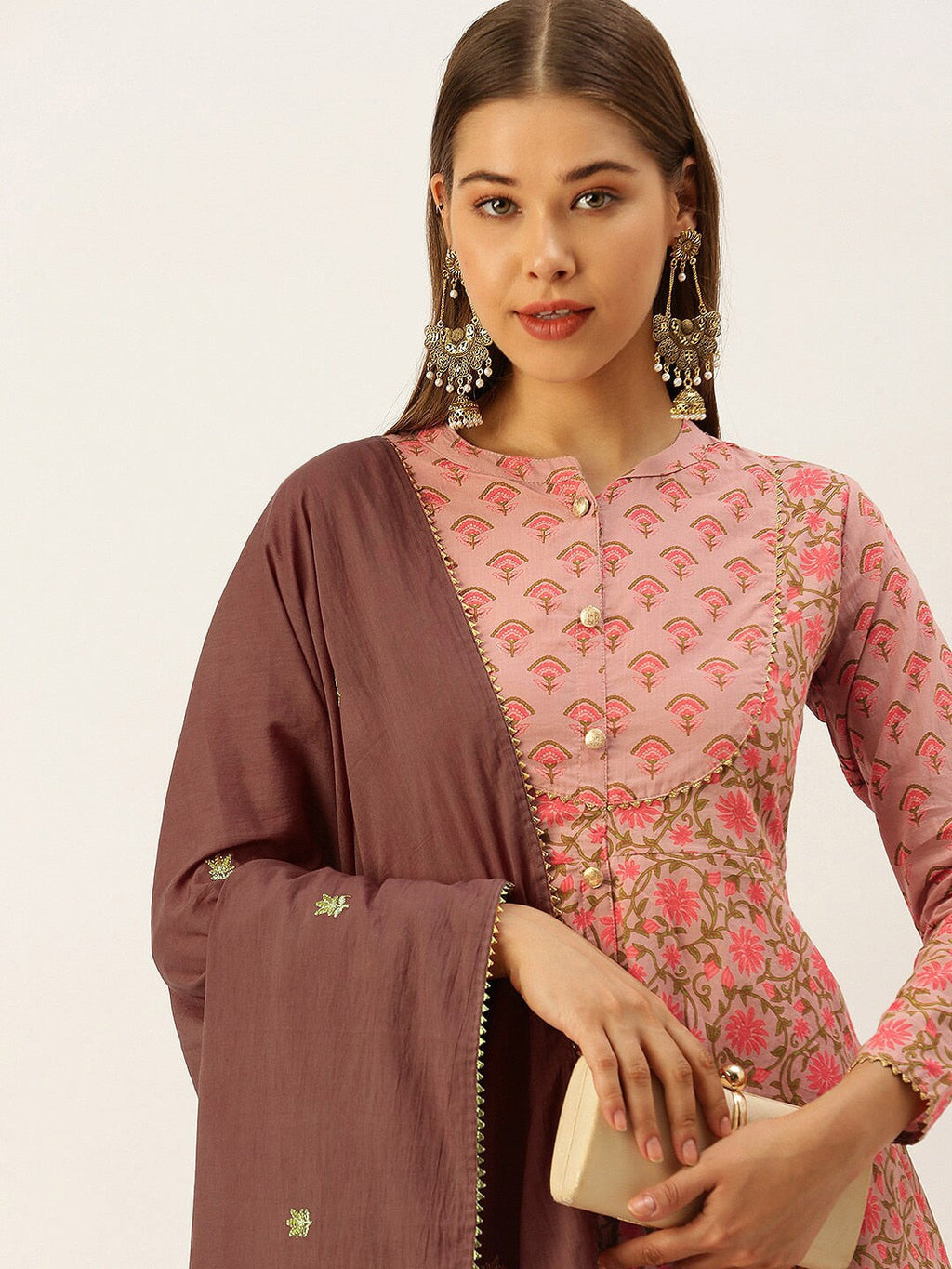 HERE&NOW Women Pink & Coffee Brown Printed Cotton Kurti with Sharara & With Dupatta