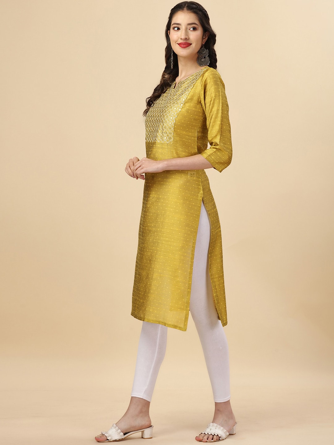 HERE&NOW Yellow Woven Design Mirror Work Straight Kurta