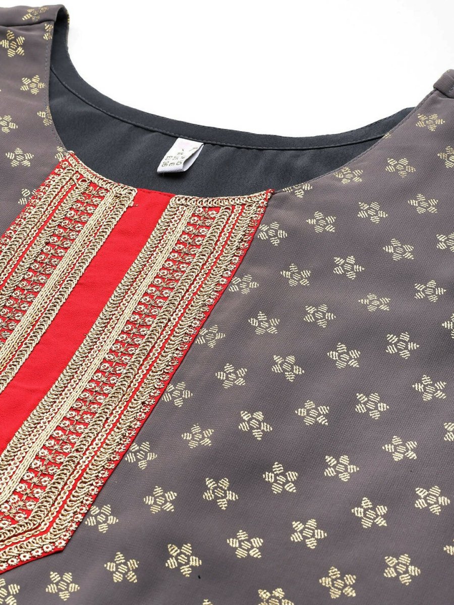 Ahalyaa Women Ethnic Motifs Printed Pleated Sequinned Kurta with Trousers - Grey Color