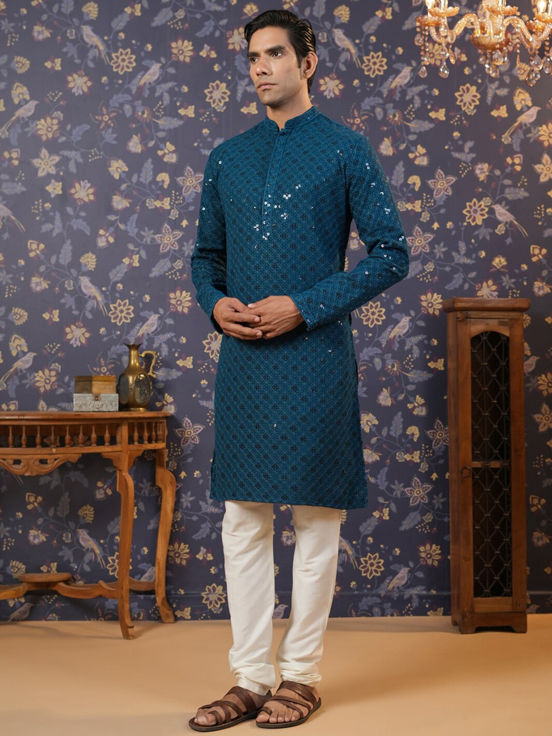 House of Pataudi Ethnic Motifs Embroidered Sequinned Straight Kurta With Churidar