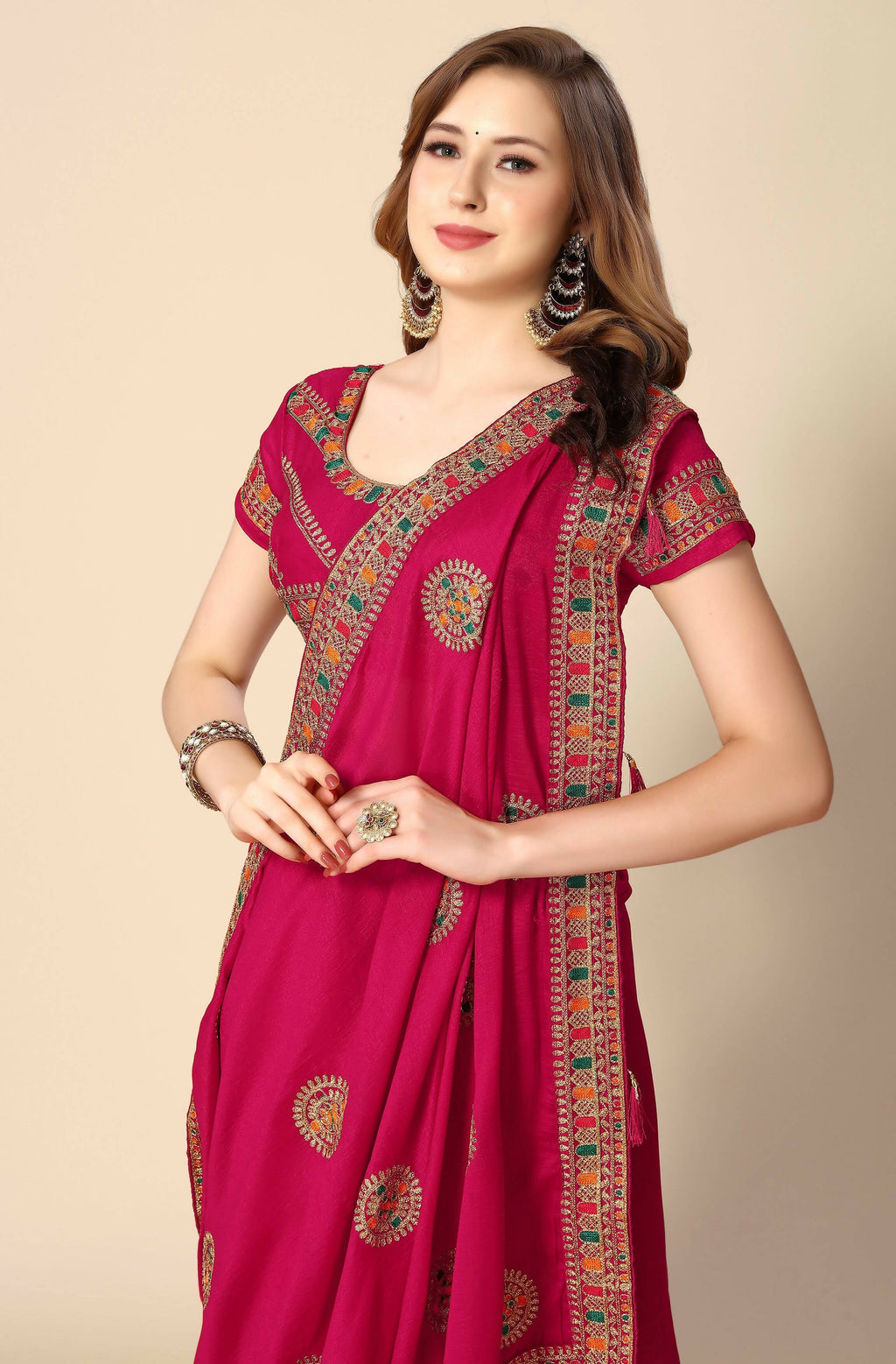 Pink Chinon Embroidered Saree with Unstitched Blouse Piece - Roozal