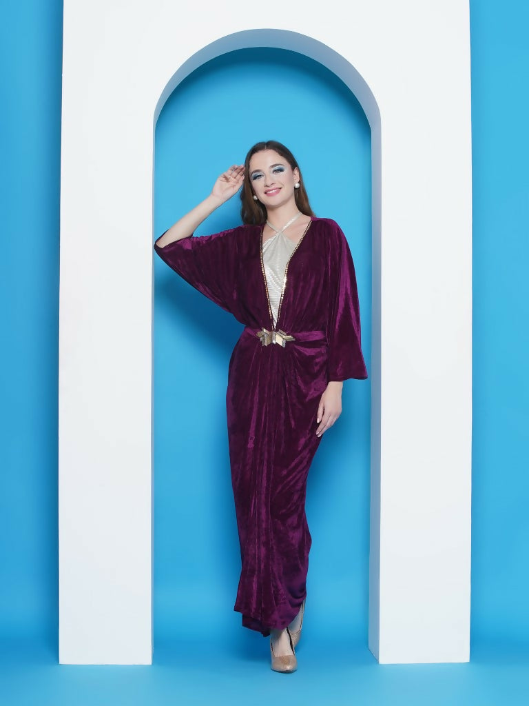 Joban Fashion Wine Velvet Gown With Silver Halter Neck Ineer