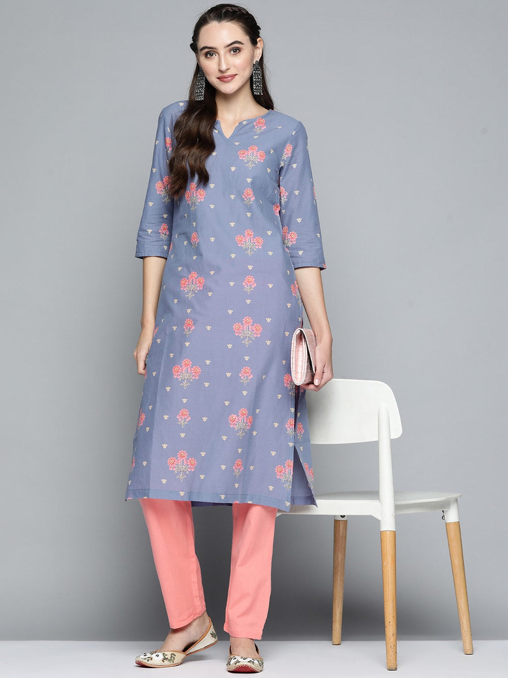 HERE&NOW Women Lavender & Pink Printed Pure Cotton Straight Kurta