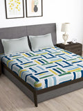 Story@home Arena White & Blue Geometric Printed 180 TC Queen Bedsheet & 2 Pillow Covers